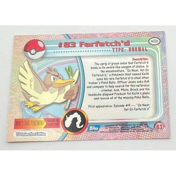 Farfetch'd Pokemon Card Topps #83 TV Animation Edition Series Blue Logo - Picture 2 of 5